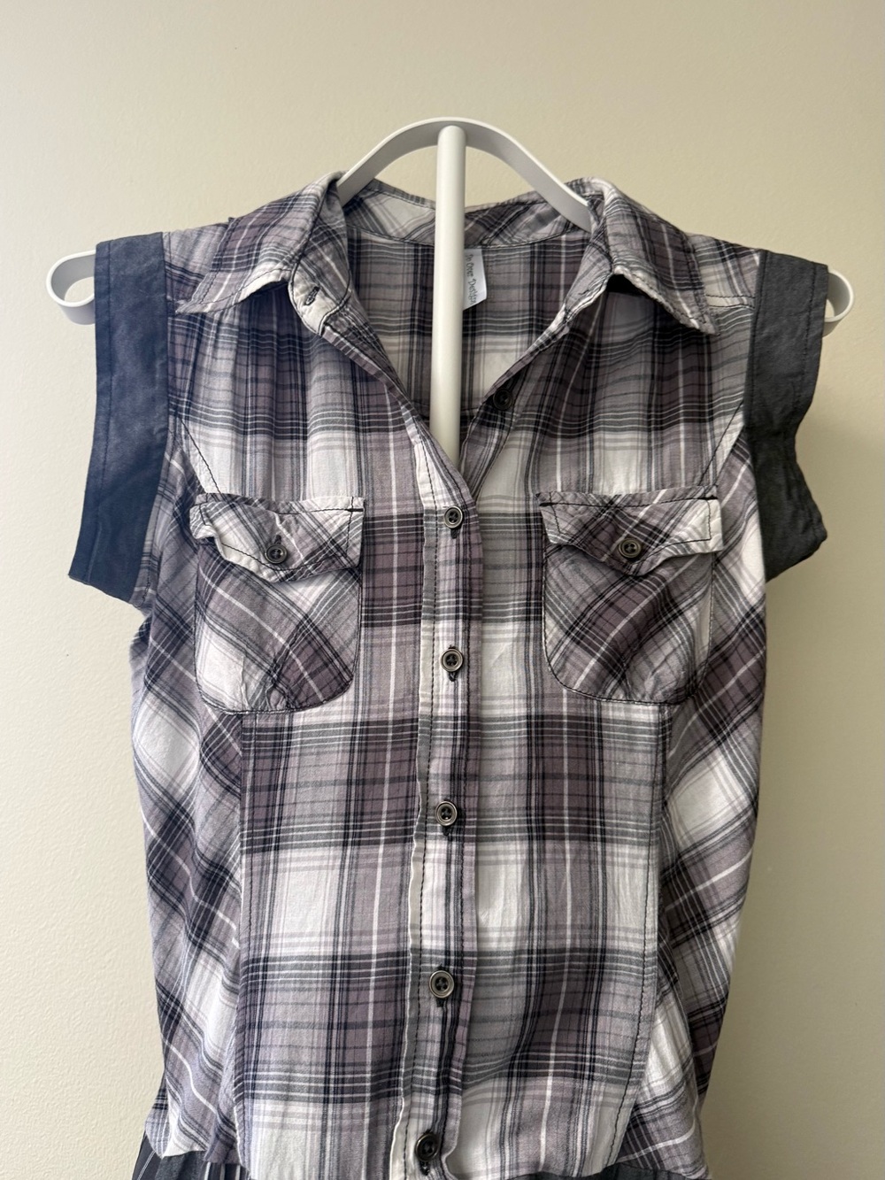 Asymmetrical Patchwork Button Shirt Dress Black Gray S - Picture 3 of 5
